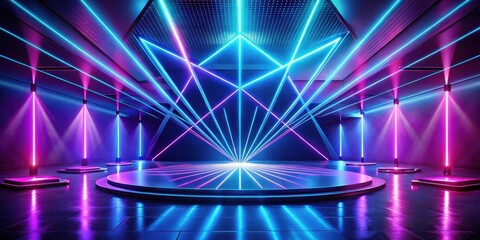 Futuristic Stage Design with Vibrant Neon Lighting and Geometric Shapes for a Modern Event