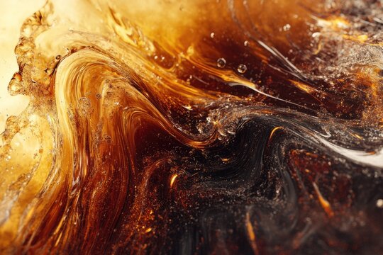 Abstract swirling dark brown and gold liquid with bubbles, resembling a cosmic nebula or flowing lava.