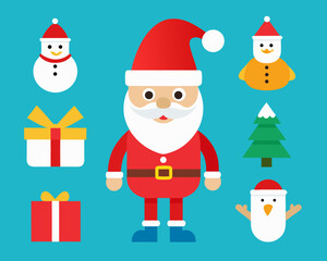 Cute christmas characters and gifts on a teal background