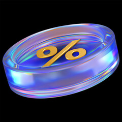 3D holographic iridescent glass coin purple effect with percentage sign, discount and special offer crystal chip coupon