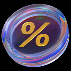 3D holographic iridescent glass coin purple effect with percentage sign, vector discount, special offer crystal coupon