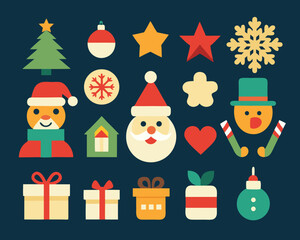 Collection of flat design christmas icons on a dark blue background
