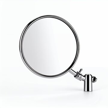 Chrome circular mirror with adjustable mount reflecting purity and clarity on white background