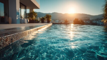 A modern infinity pool at sunset with clear water, overlooking distant mountains and a luxurious home.