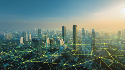 Obraz premium Sunshine in the Smart digital Innovation city with connection network reciprocity over the cityscape. of future smart wireless digital city and social media networking systems that connects peop