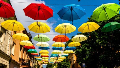 Colorful umbrellas strung along city street