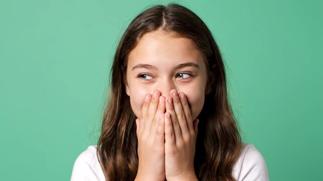 A young girl covers her mouth in shock or surprise, then reveals a playful smile.
