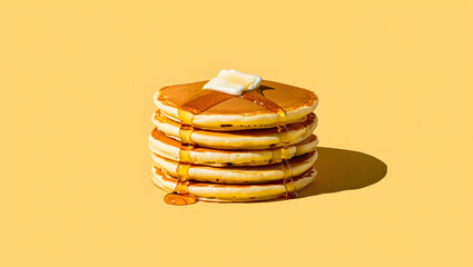 A delicious stack of fluffy golden pancakes topped with melting butter and dripping maple syrup against a bright yellow background