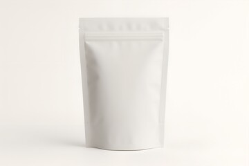 Blank white stand up pouch with zipper closure on a white background