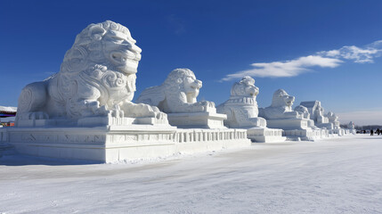 Harbin Ice and Snow Festival row of majestic lion sculptures made from snow representing Chinese culture and artistic winter masterpiece