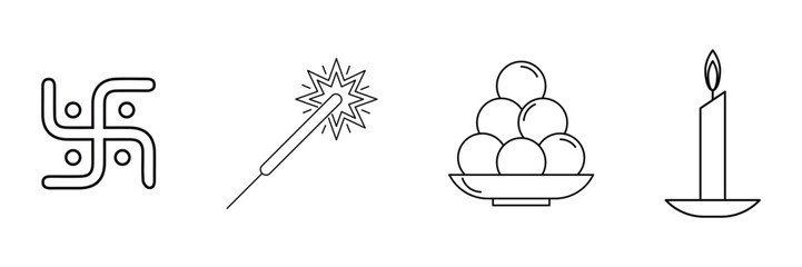 Diwali celebration icon, Hindu festival vector, Swastik sweets sparkler candle, Indian culture symbols, traditional religious outline art vector illustration.