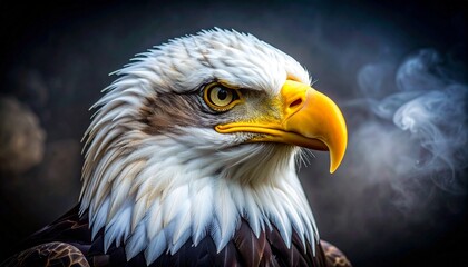 Obraz premium Close-up of bald eagle with piercing eyes and dramatic smoky background.