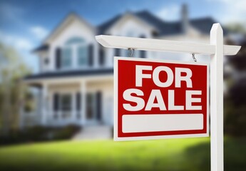 Red 'For Sale' sign stands out in front of a blurred two-story house on a sunny day, emphasizing the real estate transaction