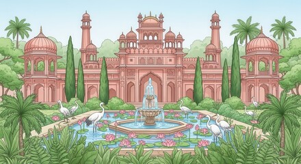 Indian Palace Garden with Fountain and Cranes architecture