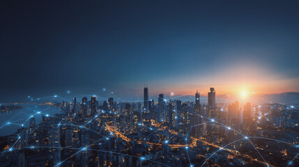 Fototapeta premium Sunshine in the Smart digital Innovation city with connection network reciprocity over the cityscape. of future smart wireless digital city and social media networking systems that connects peop