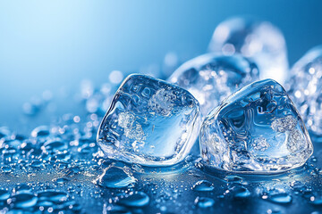 Top view of ice cubes on blue background. The background of ice cubes is blue with a fresh nuances
