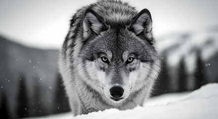 Naklejka premium A powerful black and white portrait of a beautiful wolf looking with intense eyes, a majestic and wild animal in its natural forest habitat.