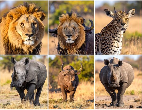Close-up portraits of African wildlife.  Six animals lion, lion, leopard, rhinoceros, rhinoceros, rhinoceros.  Golden light.  Savanna setting