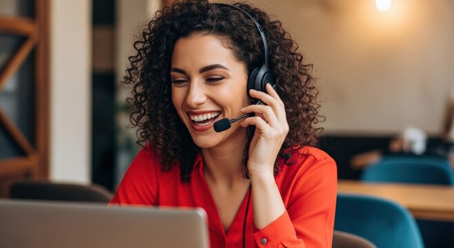 Happy call center agent smiling while using her laptop