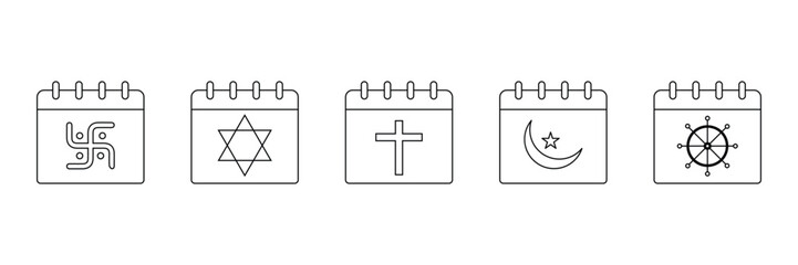 Religion festival, holy calendar, sacred date, cultural celebration, spiritual holiday, worship event, faith tradition, belief symbol icon vector illustration set.