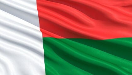 Obraz premium Madagascar flag with white, red, and green bands on plain background.