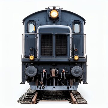 Frontal view of a classic diesel locomotive engine stationary on the tracks on white background
