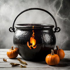 Black cauldron filled with small pumpkins and spooky black decor for halloween celebration on white background