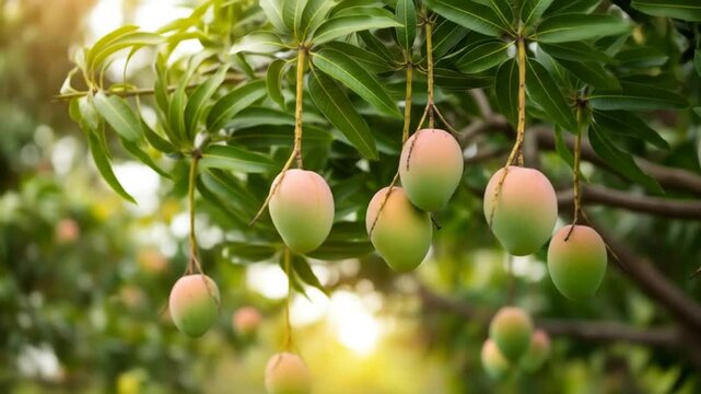 Ripening mangoes hanging from a lush green tree with sunlight filtering through the leaves in a tropical orchard.