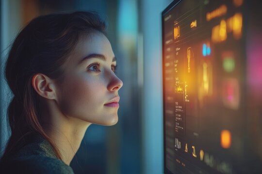 A young woman gazes intently at a futuristic computer screen displaying complex data and graphs. - Powered by Adobe