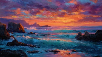An oil painting on canvas of a rugged, windswept coastline at sunset. The waves are crashing against jagged rocks, and the sky is a dramatic swirl of deep orange, purple, and red.