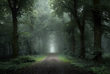 Fototapeta premium Forest path shrouded in mist, green foliage, and towering trees, creating an ethereal and atmospheric woodland scene