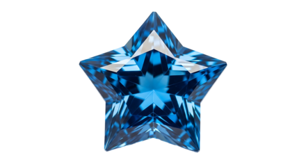 A vibrant blue star-shaped gemstone, brilliantly cut and set against a striking black backdrop, displays exquisite facets and exceptional clarity.