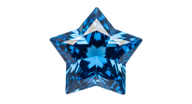 A vibrant blue star-shaped gemstone, brilliantly cut and set against a striking black backdrop, displays exquisite facets and exceptional clarity.