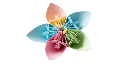 Vibrant origami flower design with intricate folds, showcasing a colorful array of paper petals against a dark background.