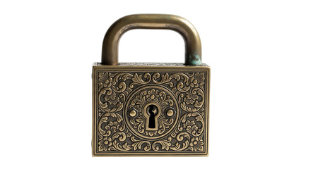 Ornate brass padlock with intricate floral designs, presented against a dark background.