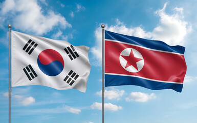 south korea flag and north korea flag on blue sk