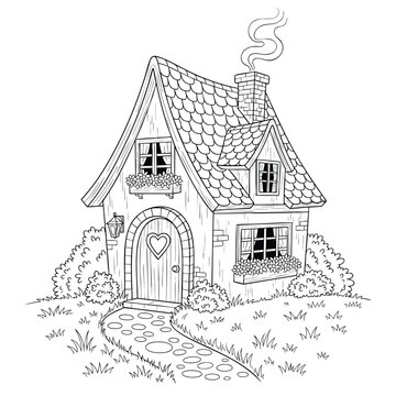 Charming handdrawn fairytale cottage with a smoking chimney a line art illustration for coloring.
