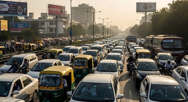 Dense morning traffic jam with cars, auto-rickshaws, and buses on a wide city road in India, highlighting urban congestion and daily commute.