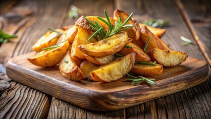 Aromatic Crispy Potato Wedges Seasoned with Fresh Rosemary, Served on Rustic Wooden Board