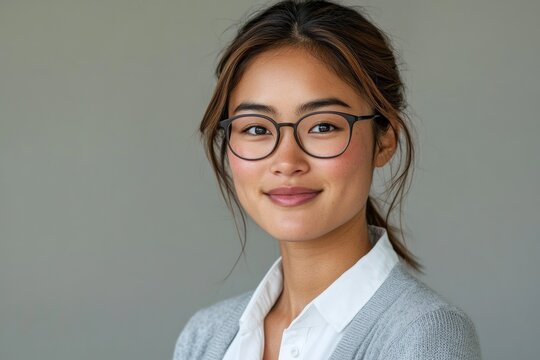 A young Asian woman with glasses smiles gently at the camera, projecting confidence and approachability.