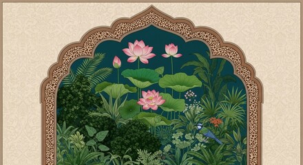 Lush Garden Scene with Lotus Flowers and a Blue Bird