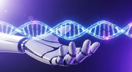 Robot hand holding a dna strand on purple background with light