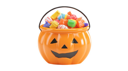 3D Plastic Halloween Pumpkin Candy Bucket Isolated on Transparent Background