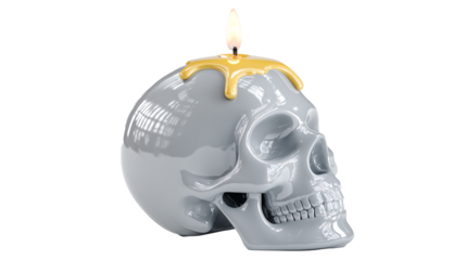 Glossy Plastic Toy Skull with Dripping Candle Halloween Decor Isolated on Transparent Background