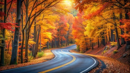 Autumnal Road Winding Through a Vibrant Forest of Golden and Red Hues