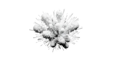 A dynamic explosion of white, abstract forms radiates outward against a black background.