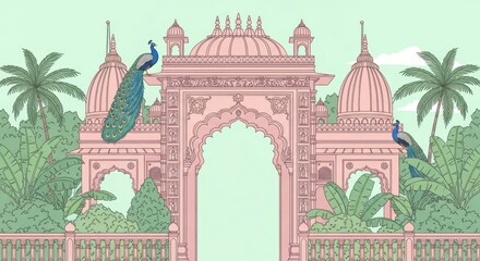 Pink Indian Gate with Peacocks and Tropical Plants