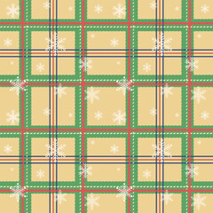 Plaid with twill weave with white snowflakes repeat pattern.Checkered tartan gingham seamless pattern.Winter, Christmas texture vector illustration background design for fabric and prints.
