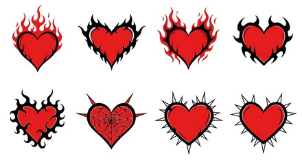 Collection of fiery and spiky red heart illustrations