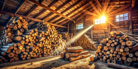 Sunbeams illuminate a rustic wood storage structure filled with neatly stacked timber logs